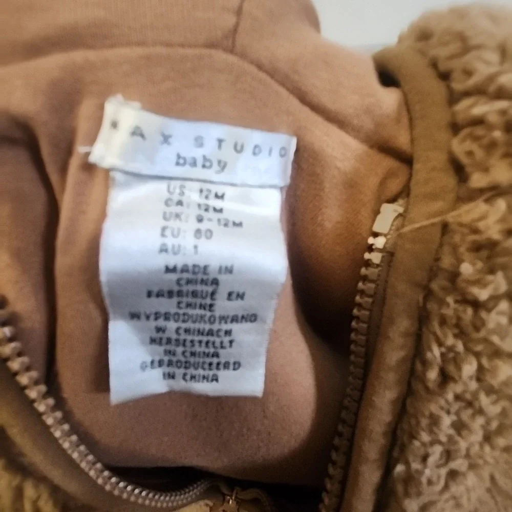 Max Studio Baby‎ Vest 12 Months Brown Teddy Bear Sherpa Dinosaur Hood